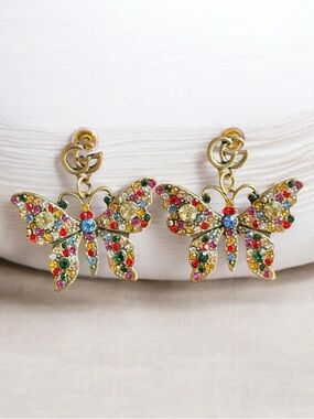 Gold Butterfly Drop Earrings with Multicolor Stones